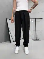 Premium İmzalı Seri Rahat Kalıp Keten Jogger Pantolon -Siyah