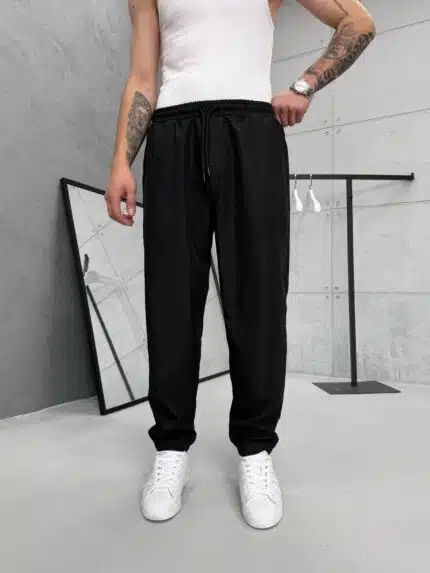 Premium İmzalı Seri Rahat Kalıp Keten Jogger Pantolon -Siyah
