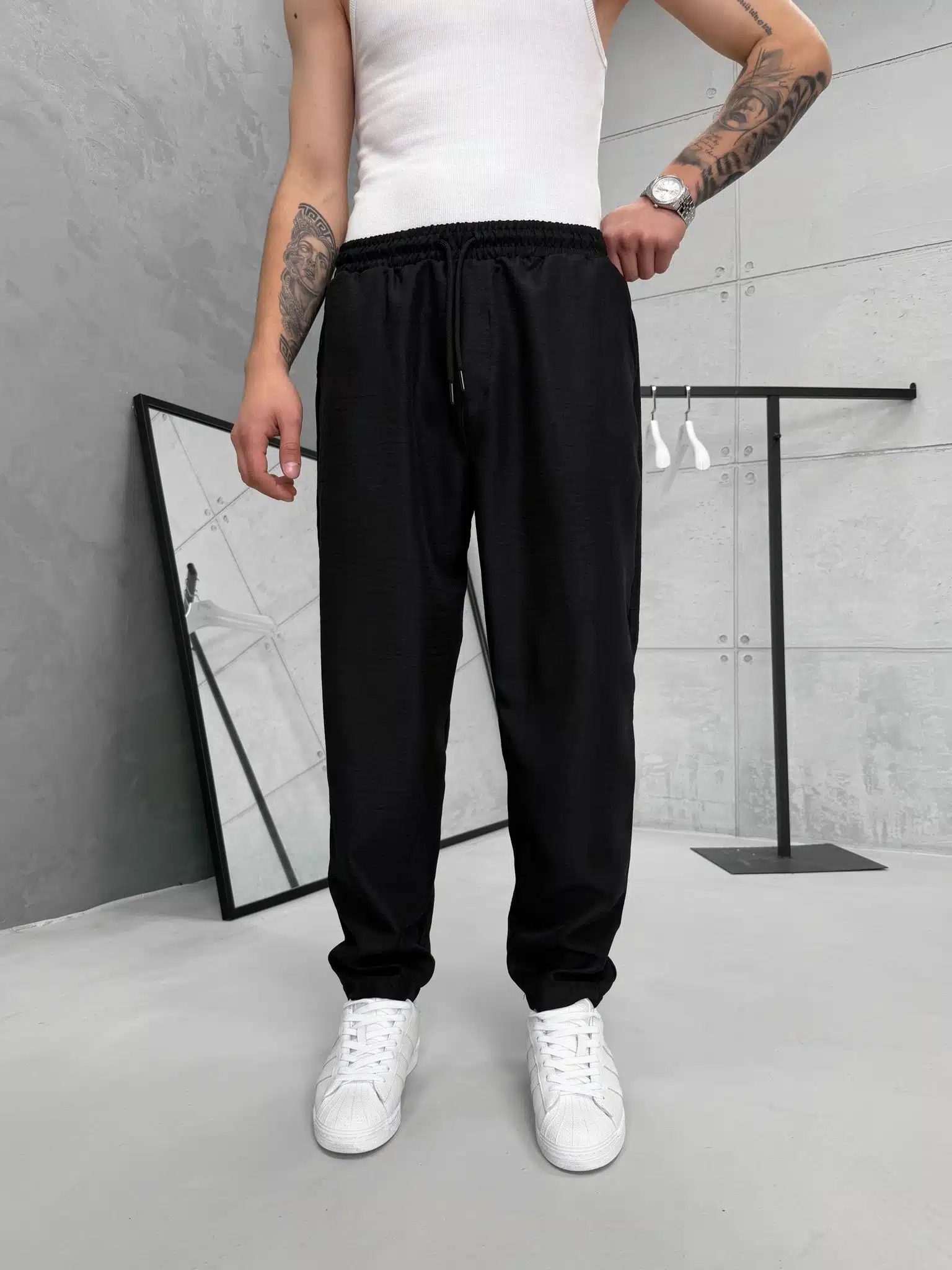 xfgn Premium İmzalı Seri Rahat Kalıp Keten Jogger Pantolon -Siyah - Görsel 1
